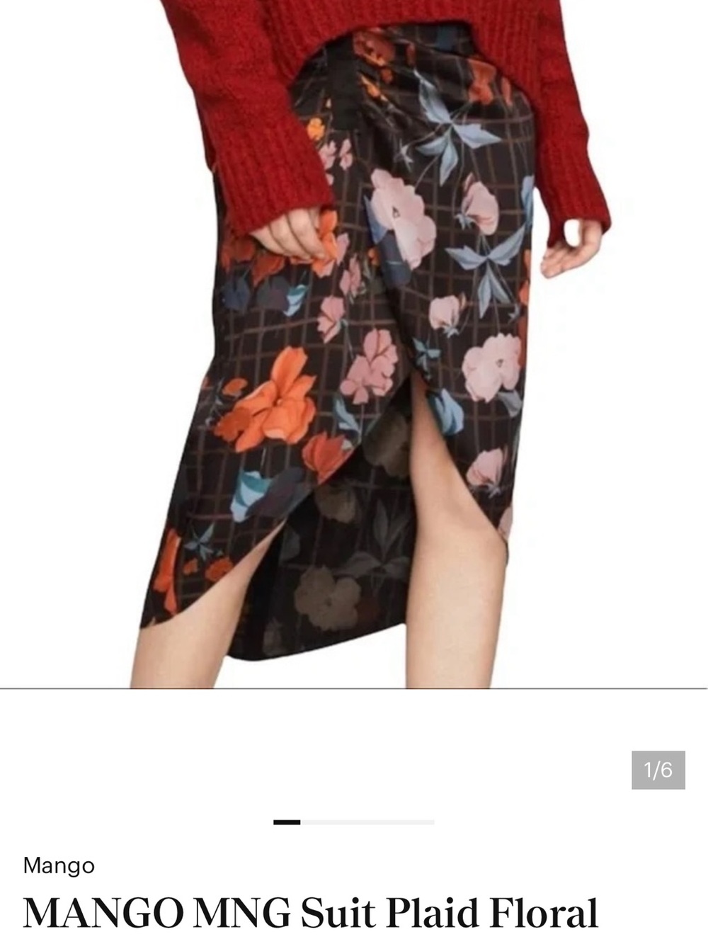 Mango Black Plaid Floral Wrap Midi Skirt with Orange & Pink Blooms